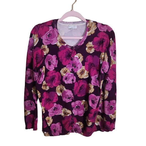 Charter Club Fuchsia Floral Crewneck Cardigan Sweater Size 1X - Picture 1 of 4
